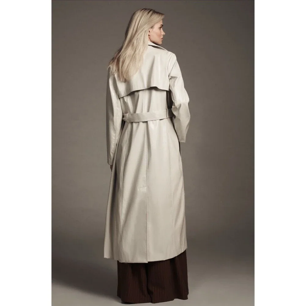 Anthropologie Trench Coat Women Ivory Belted High Shine Preppy Boho Size 4 NWT